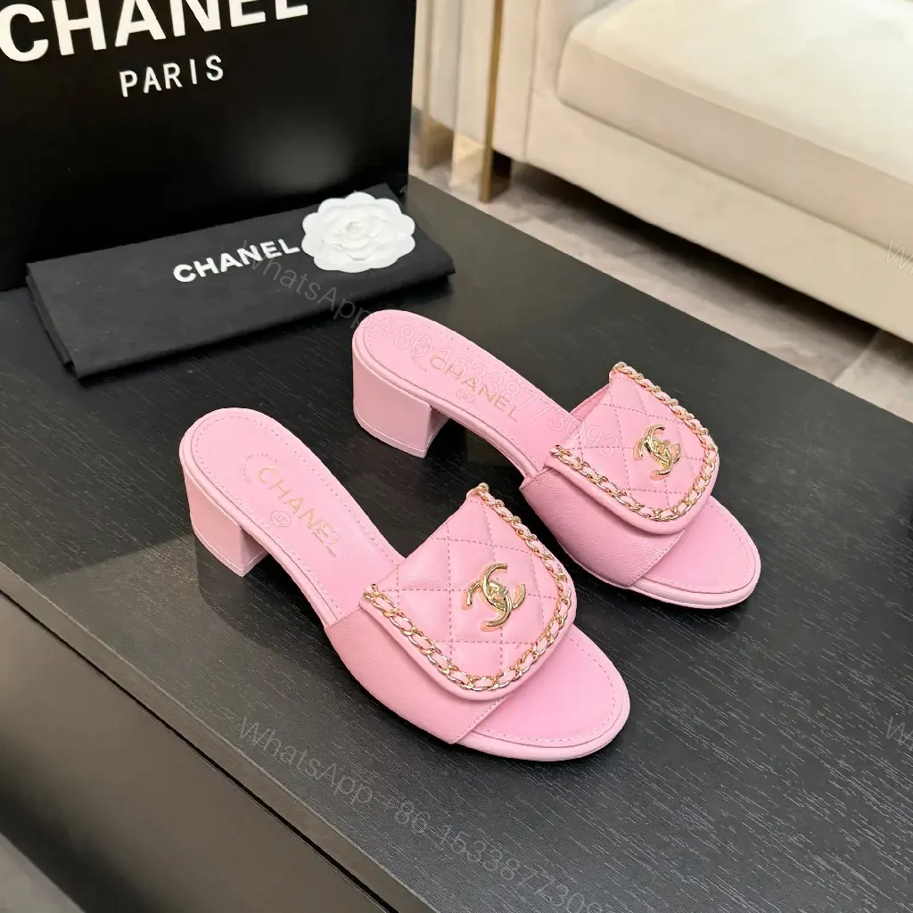 Pink Quilted Slides with Chain Detail - Open-Toe Mid-Heel Sandals — view 1