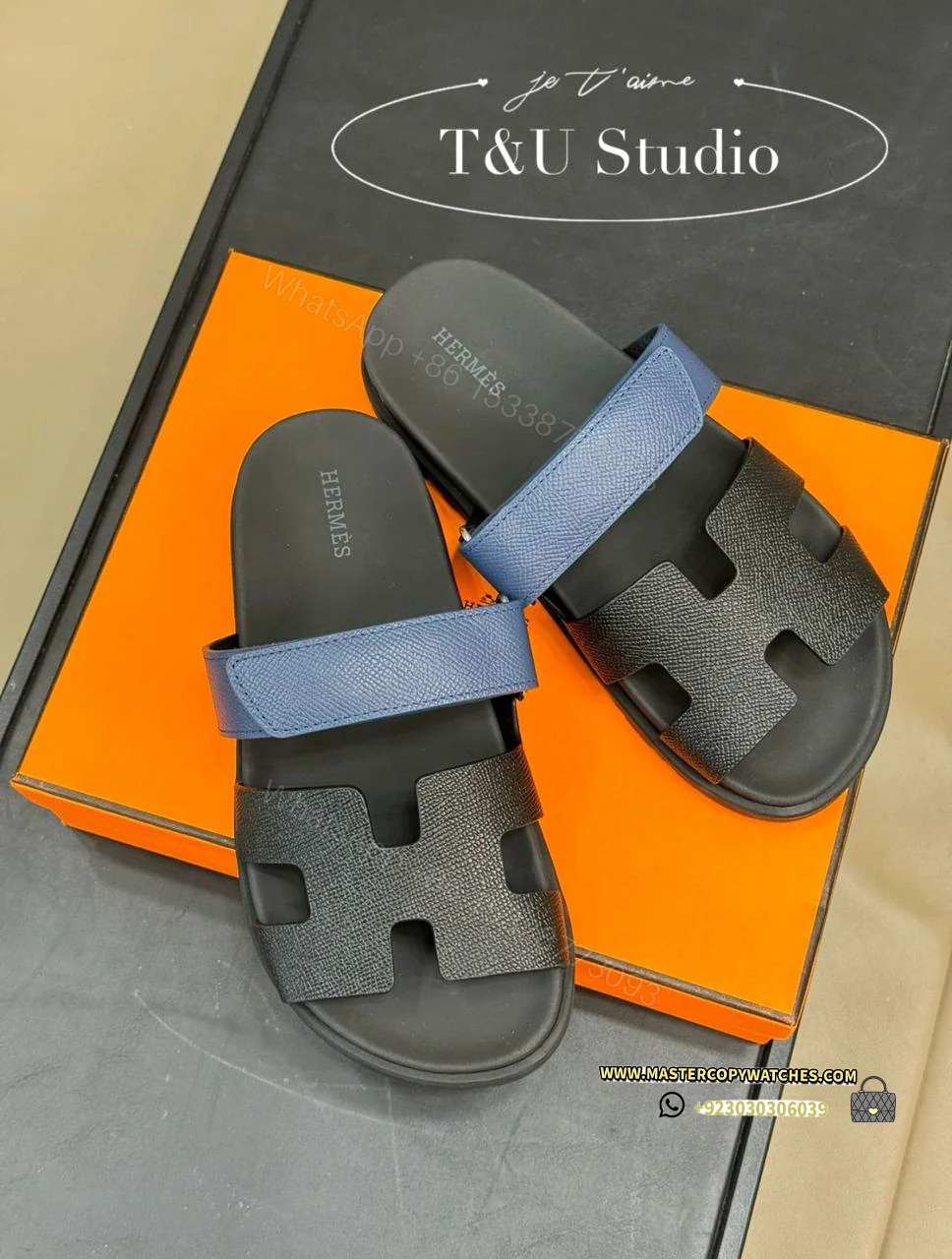 Hermes Chypre Sandals Black with Blue — view 1