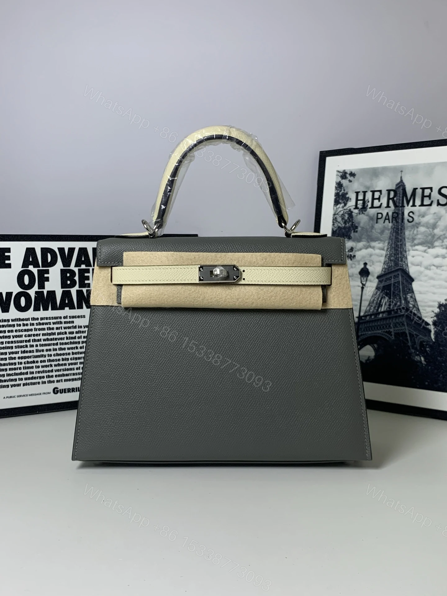 高仿 Hermes Kelly 25 奶白拼亮粉手提包 高級感時尚女包 — view 1