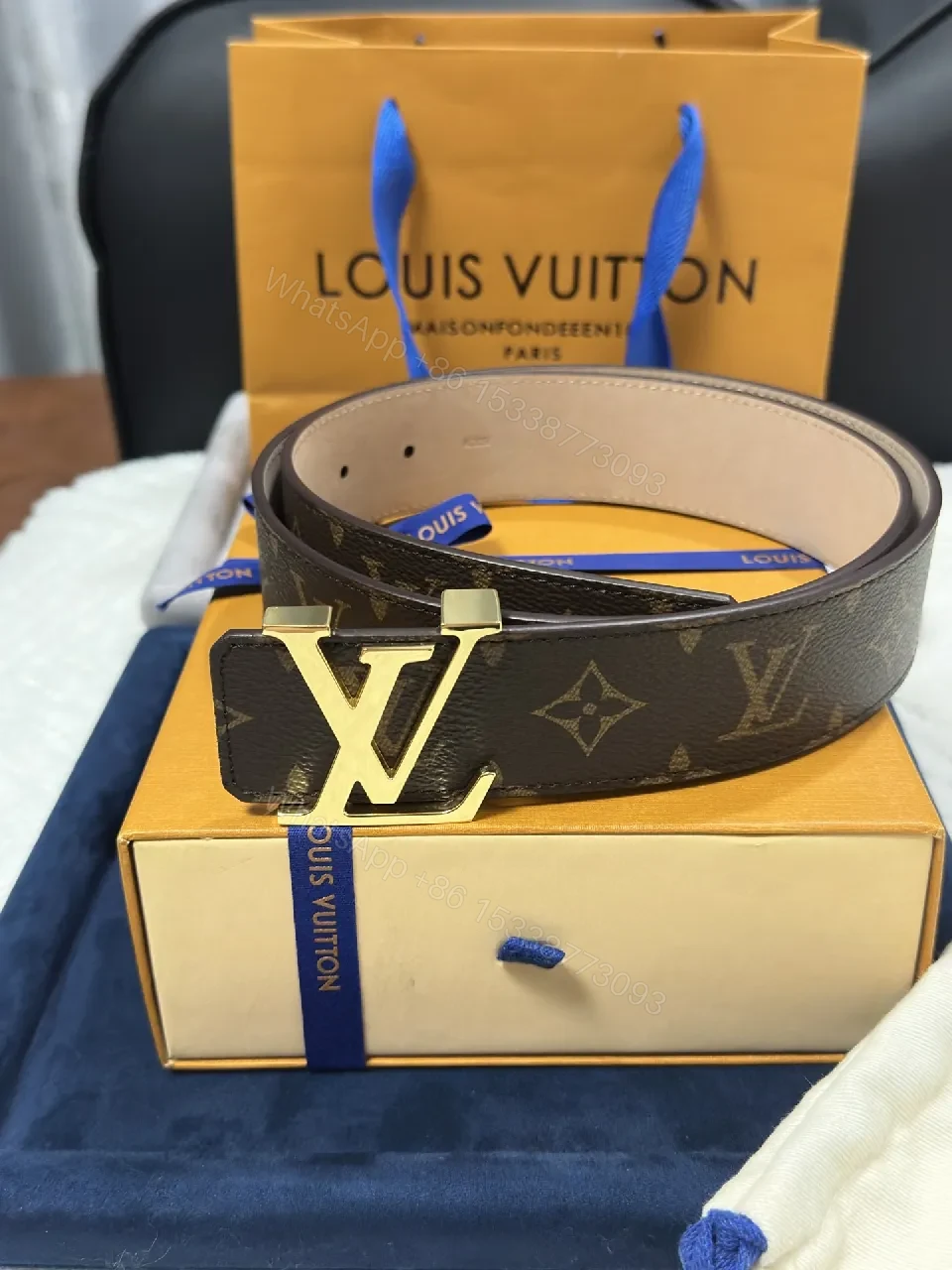 View 6 of Monogram Belt with Gold Buckle - Premium Leather Style, Statement Belt