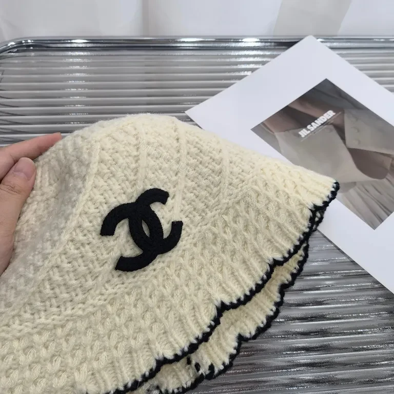 View 6 of Beige Ivory Black Knit Bucket Hat - Luxe Channel-Inspired Style