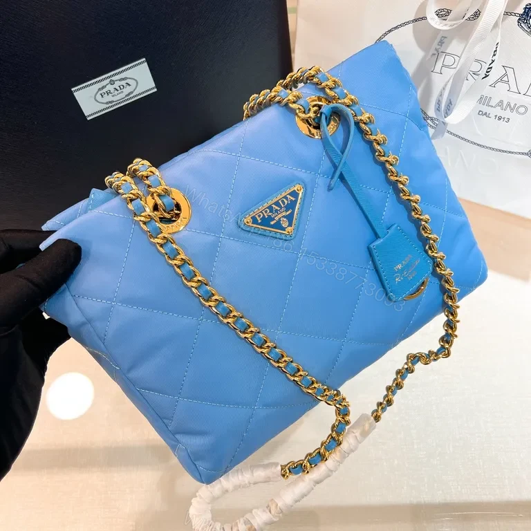 View 7 of Sky-Blue Quilted Nylon Shoulder Bag with Gold Chain - Luxury Prada-Style