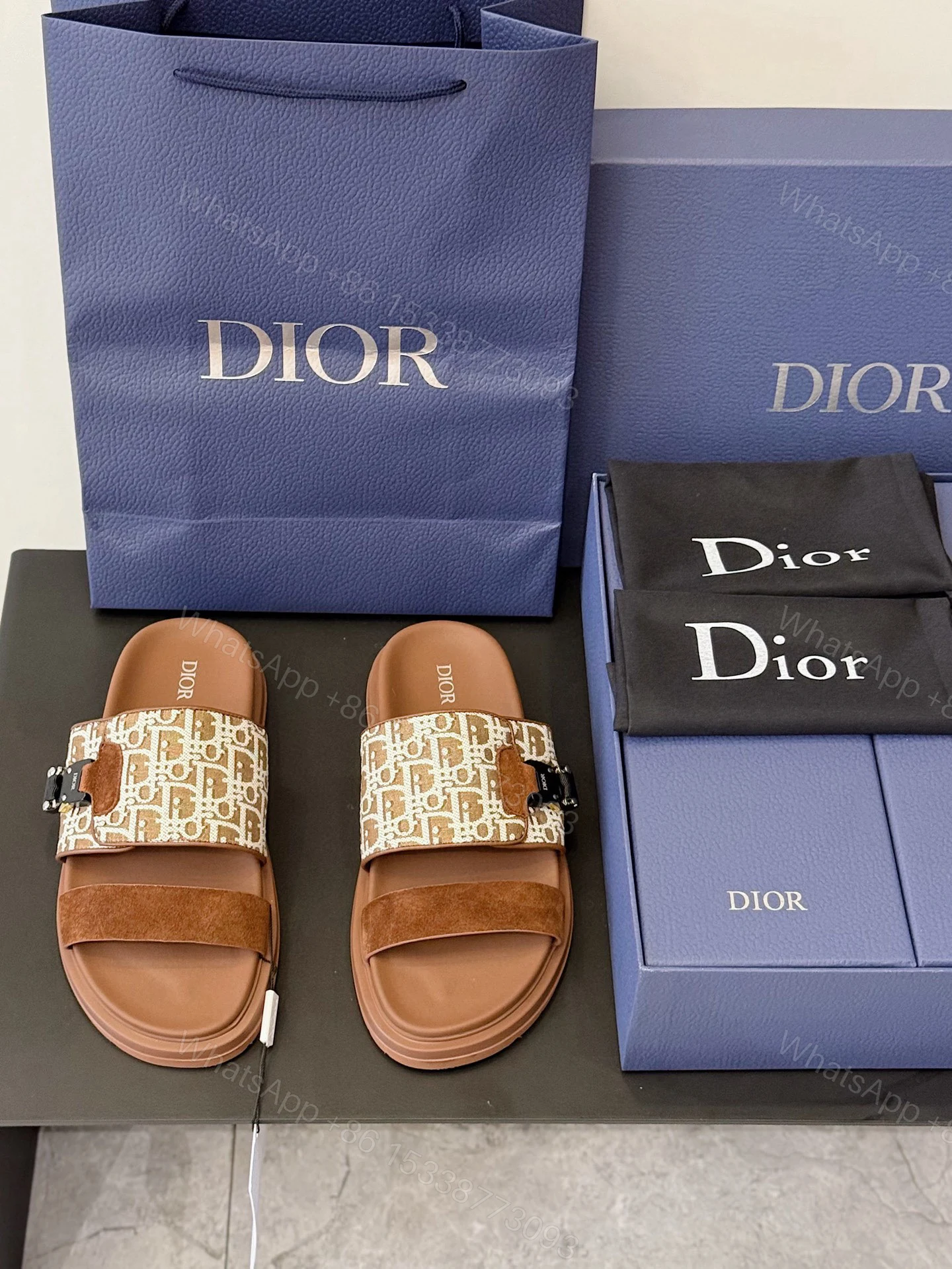 Dior一比一男士老花拼麂皮拖鞋棕色休閒款 — view 1