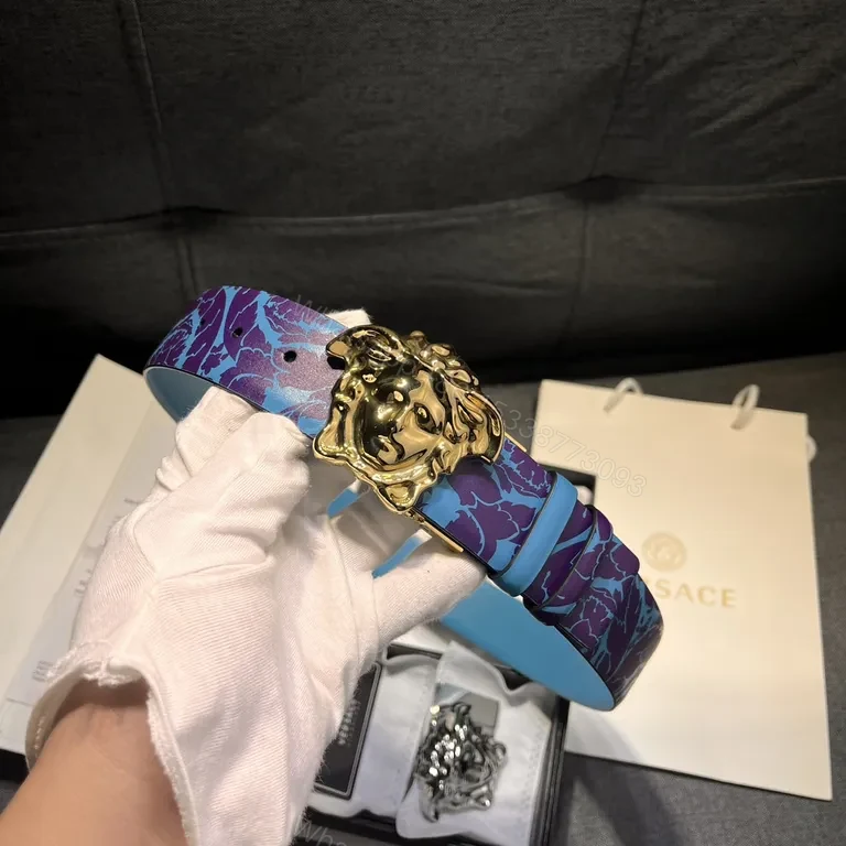 View 5 of Blue Violet Floral Leather Belt with Gold Lion Buckle