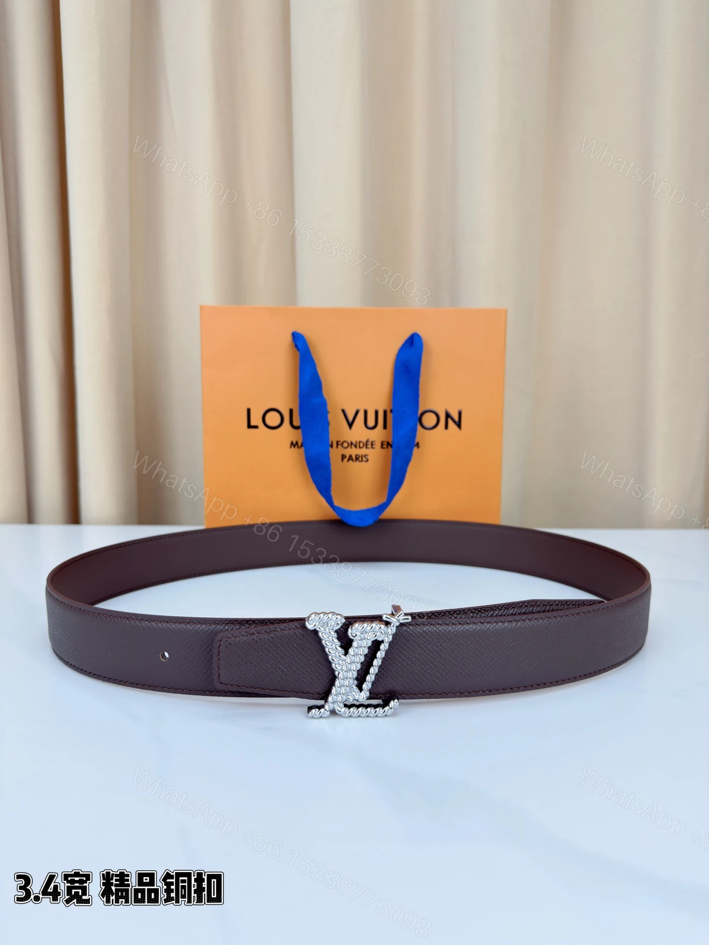 LV 高仿棕色粒面牛皮皮帶|銀扣極簡設計高端男士腰帶 — view 1