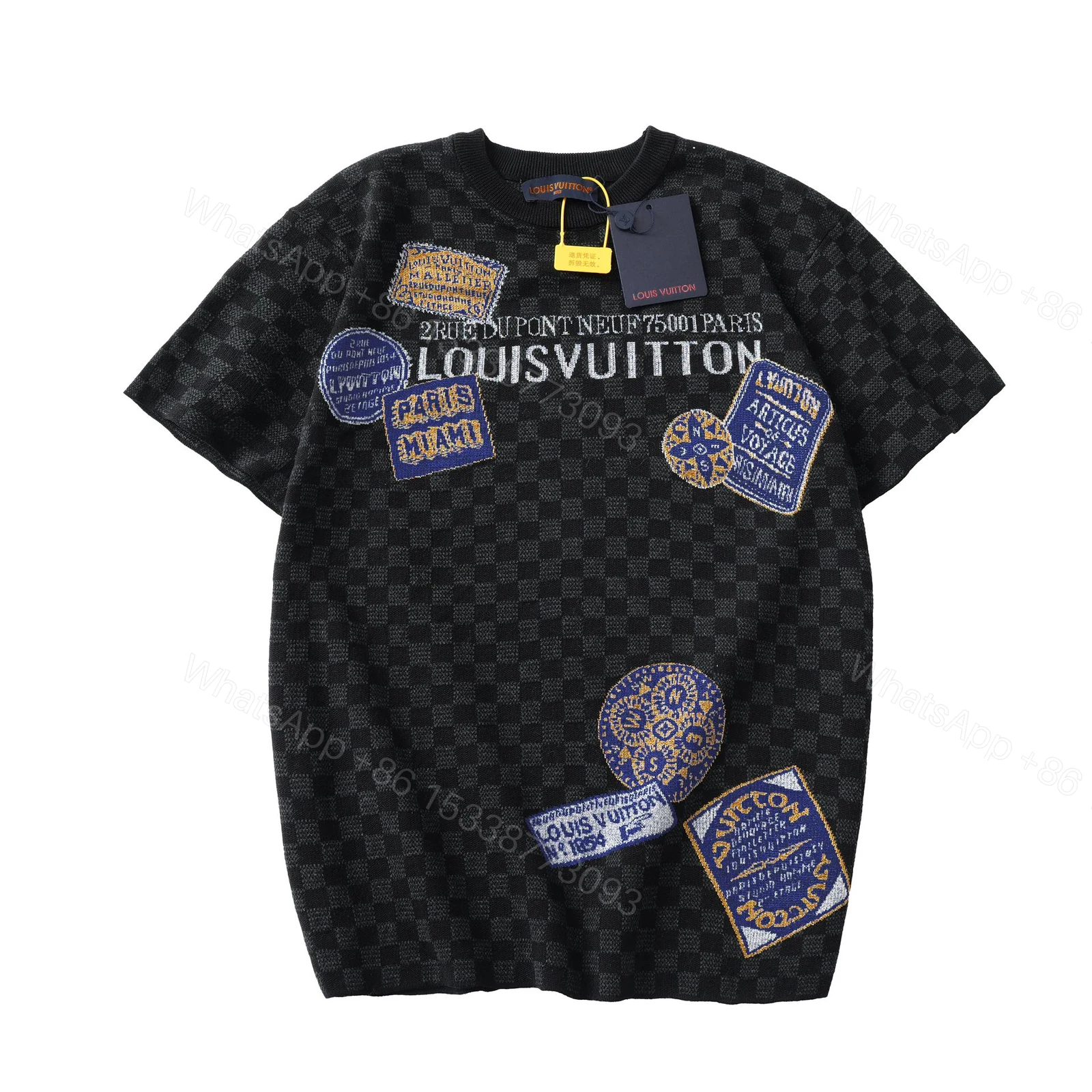 LV 原單黑色棋盤格徽章短袖T恤 復古高端休閒款 — view 1