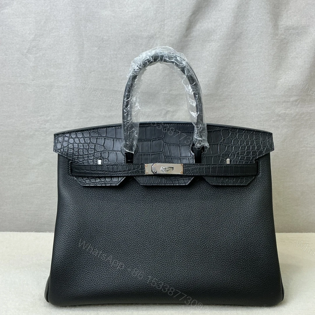 Hermes 高仿 女款 Birkin 手提包 黑灰拼接鱷魚紋 奢華質感款 — view 1