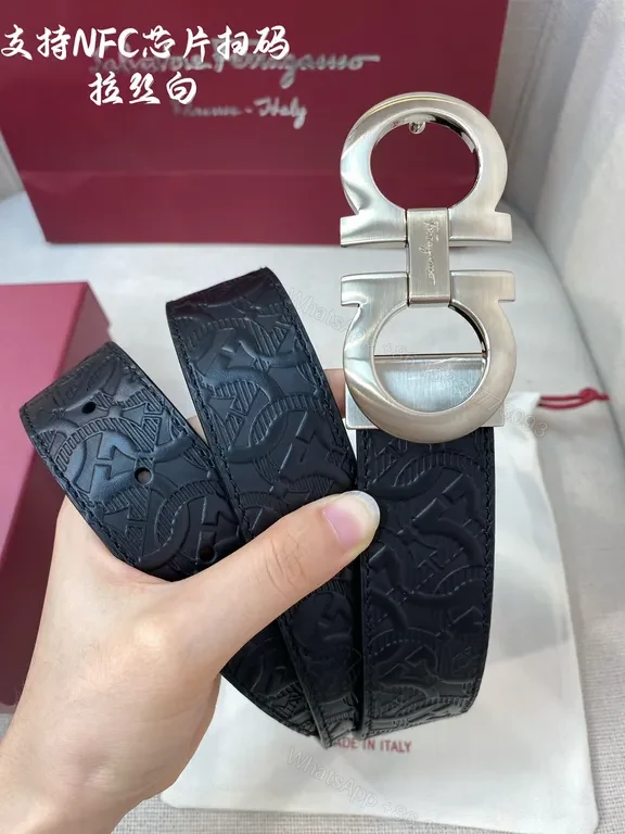 View 6 of Black Embossed Leather Belt with Gancini Buckle â€“ Ferragamo Luxe