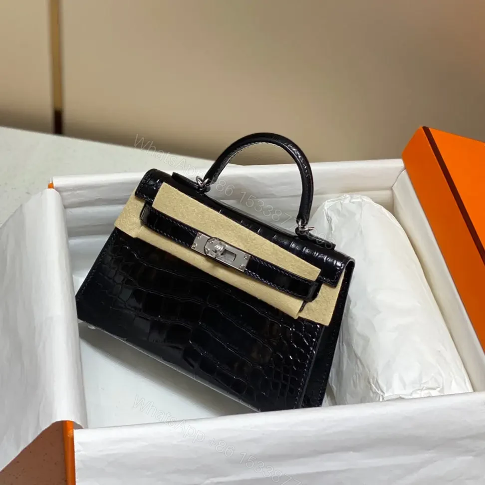 HN MINI KELLY IN BLACK CROCODILE SKIN SILVER HARDWARE — view 1