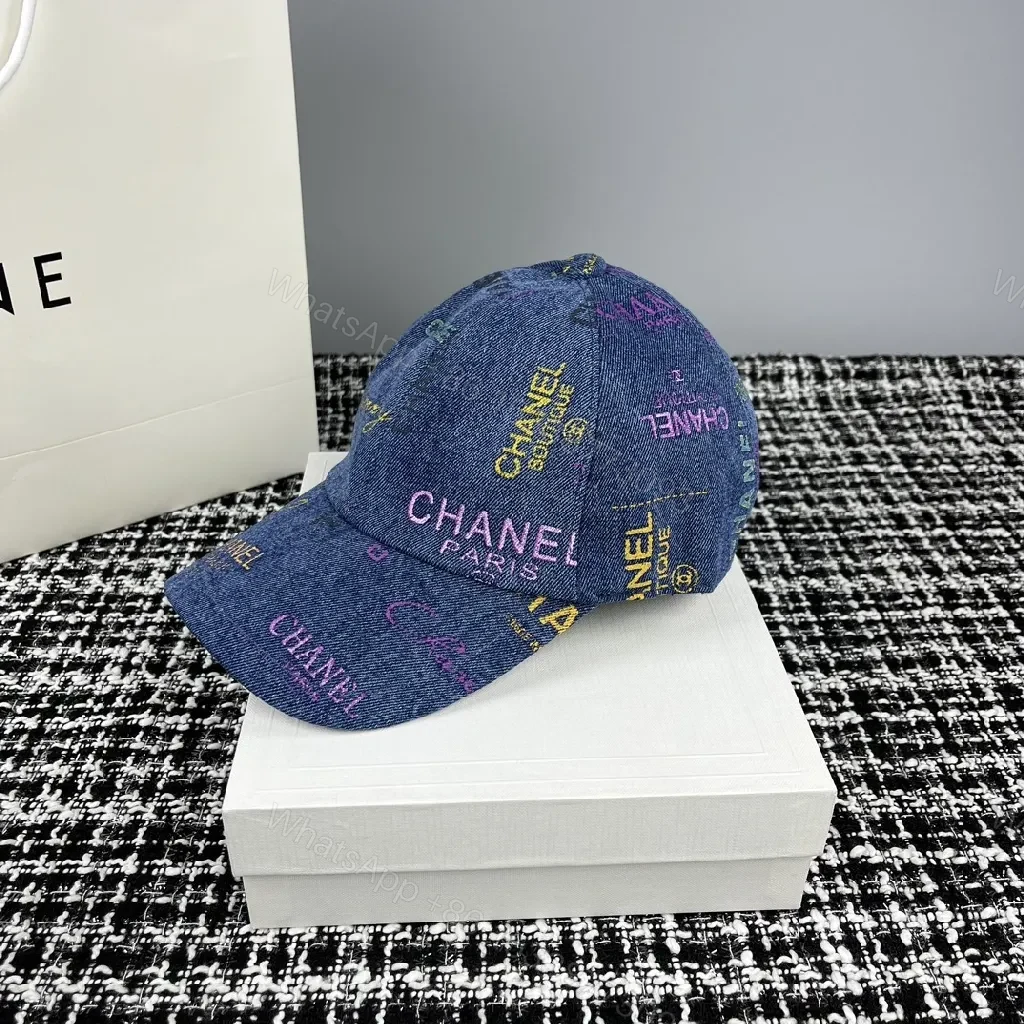View 5 of Blue Denim Bucket Hat with Multicolor Logo Print