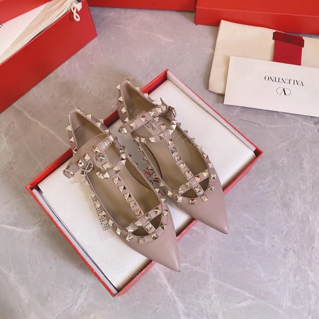 Valentino Women Beige Leather Studded Flats — view 1