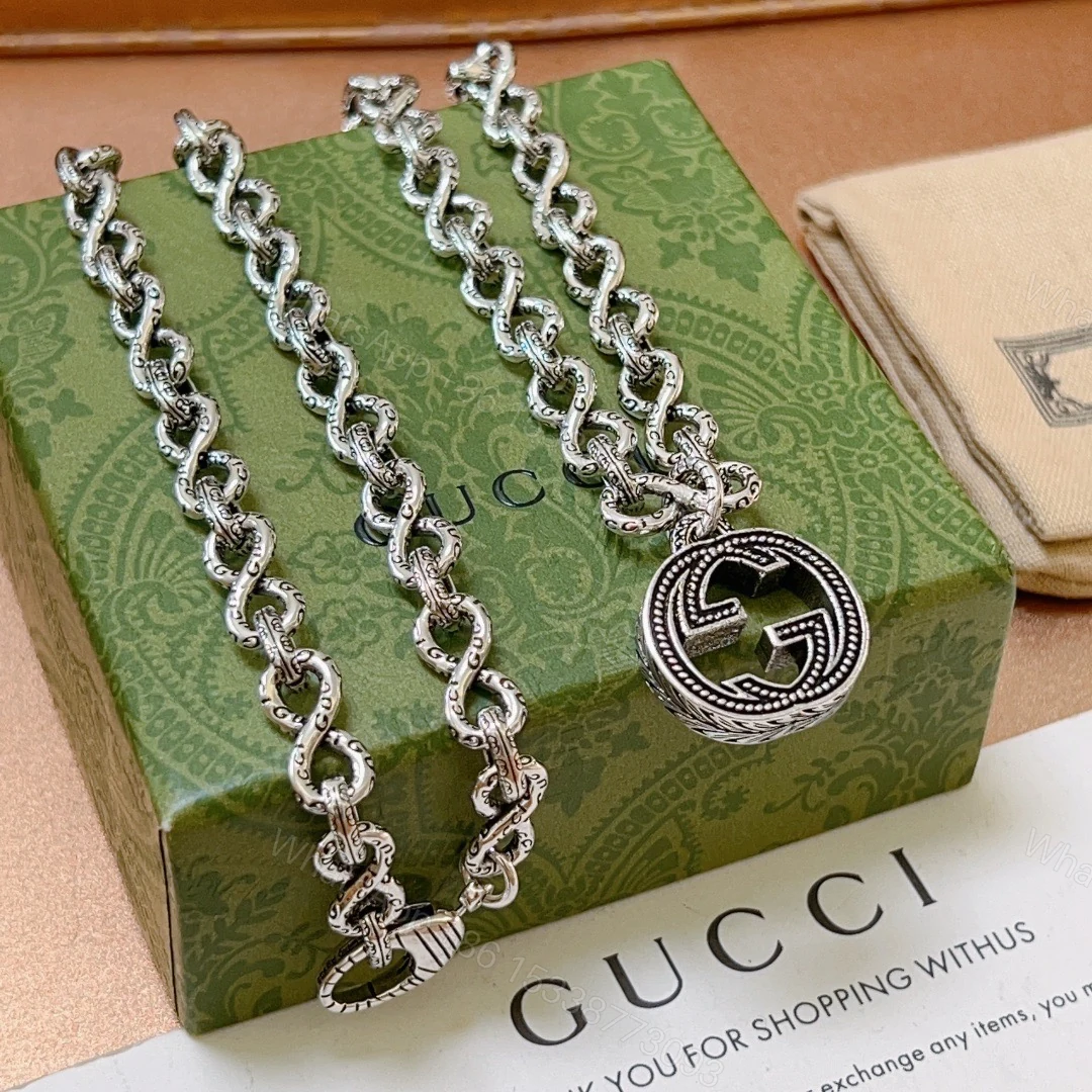 Gucci精品仿製雙G吊墜頸鏈復古銀質粗鍊中性風飾品款 — view 1