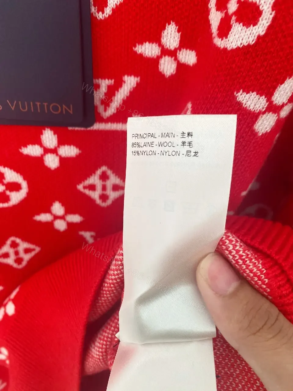 View 5 of Red Knit Monogram Crew Neck—Bold Pattern & Cozy Warmth