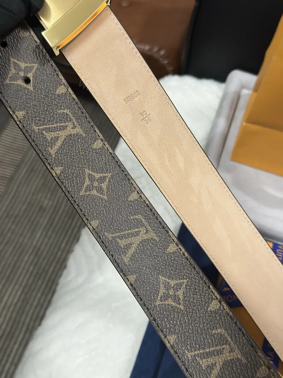 View 5 of Monogram Belt with Gold Buckle - Premium Leather Style, Statement Belt