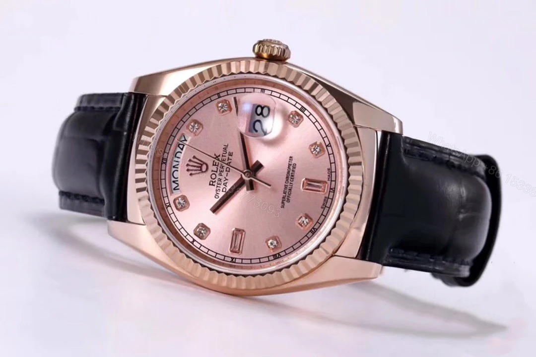 高仿 Rolex 總統表玫瑰金粉盤鑽刻度星期日历女款高仿腕錶 — view 1