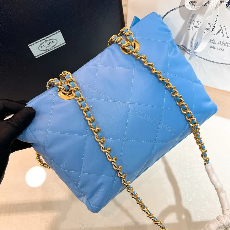 View 8 of Sky-Blue Quilted Nylon Shoulder Bag with Gold Chain - Luxury Prada-Style