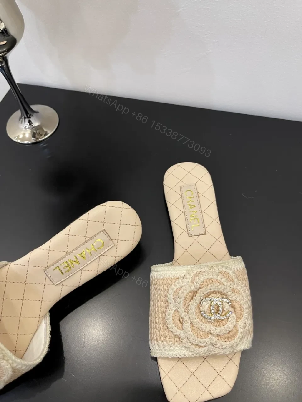 View 6 of Beige Embroidered Slide Sandals – Couture Comfort, Everyday Chic