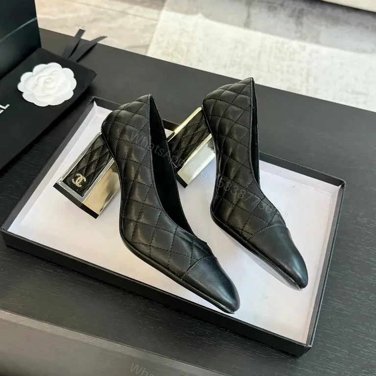 View 7 of Quilted Slip-On Heels - Black Leather, Classic Round Toe, All-Day Comfort