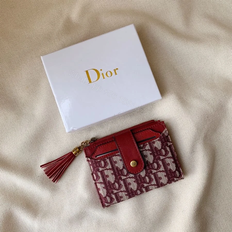 Dior 原單女用卡夾 酒紅老花紋 拉鍊流蘇配皮革扣環 — view 1