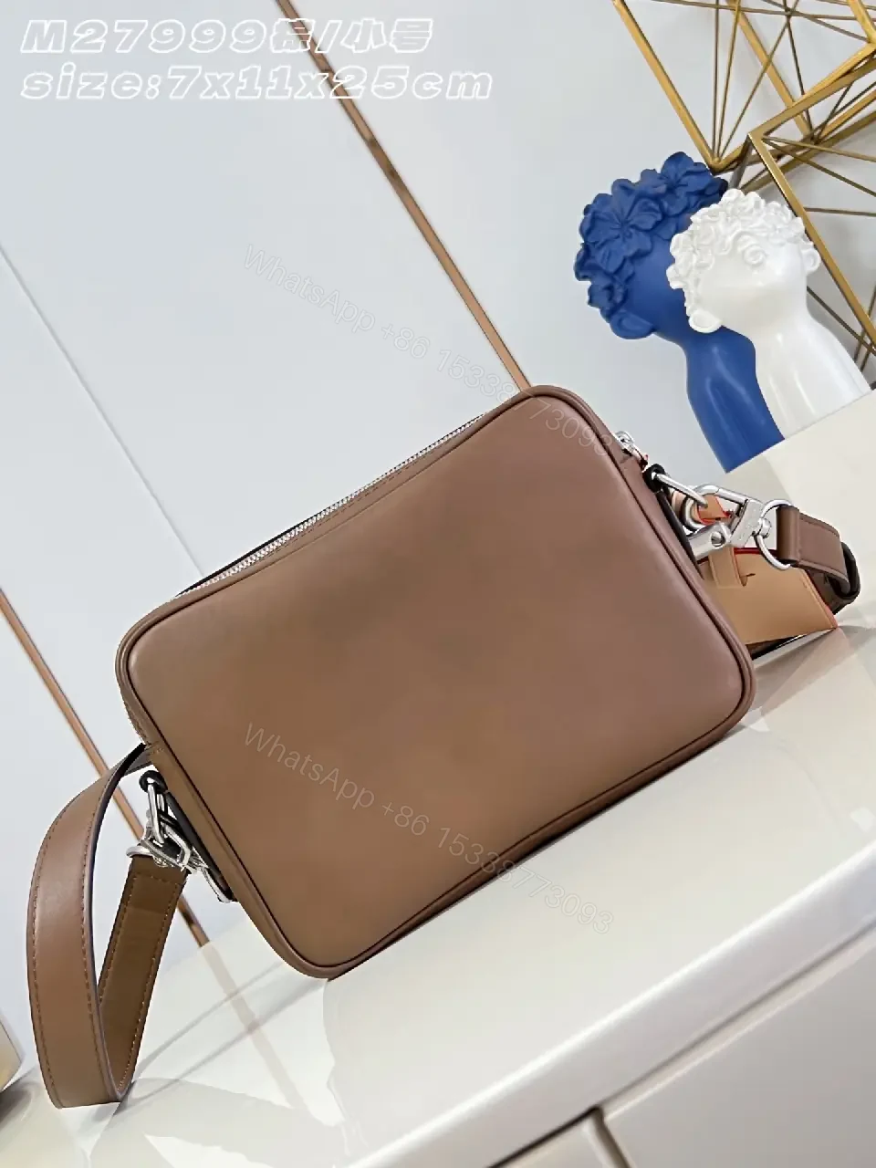 View 5 of Brown Leather Compact Crossbody Bag with Double Zippers