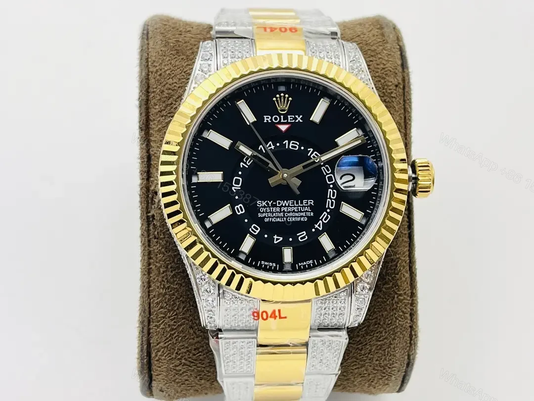 Rolex Sky-Dweller Black Rolesor Diamond Paved Oyster Bracelet 42mm RLX-SKY-BLK-ROLS-DIA42-OYS — view 1