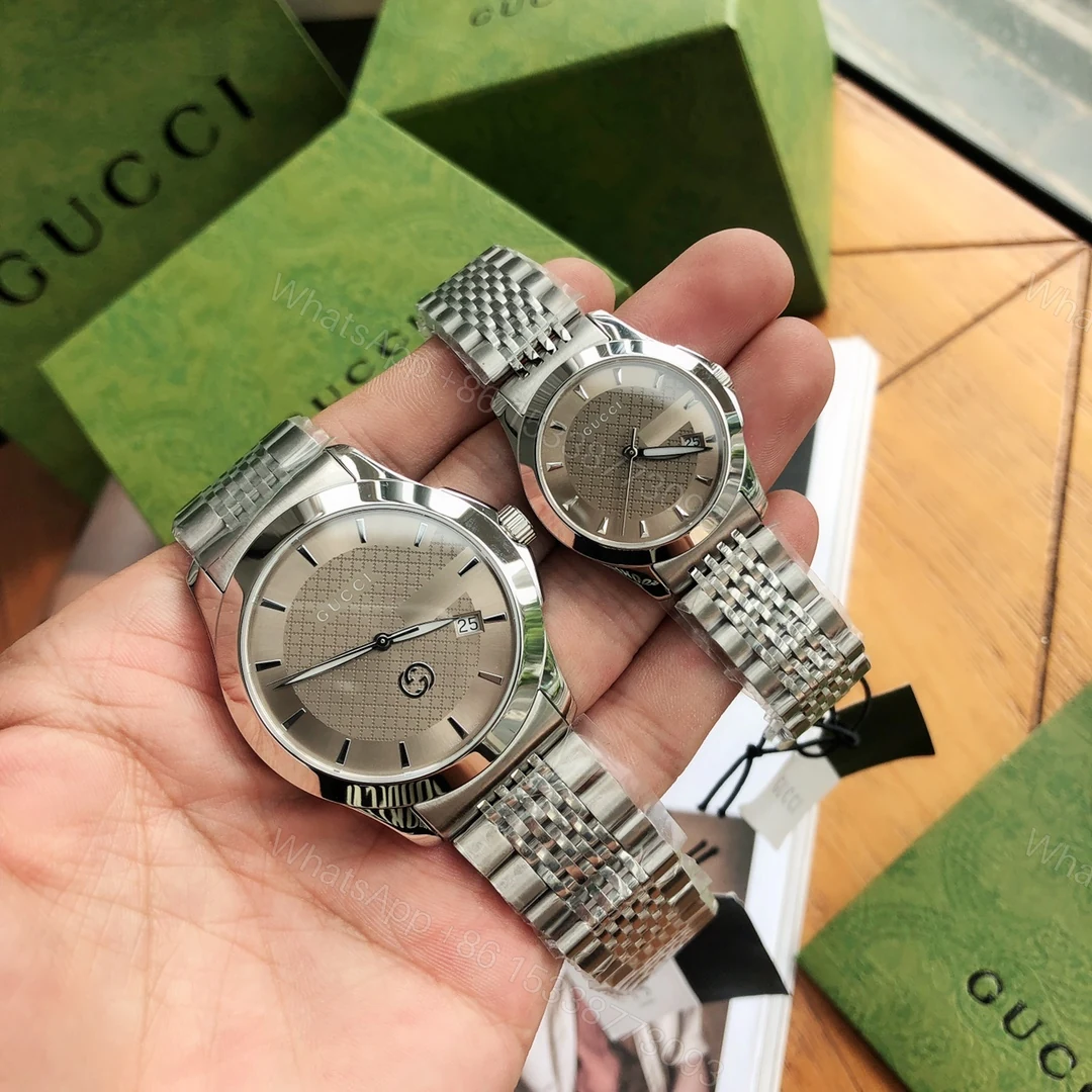 Gucci高仿情侶錶 灰格紋面盤 經典鋼帶情侶款式專櫃同步 — view 1