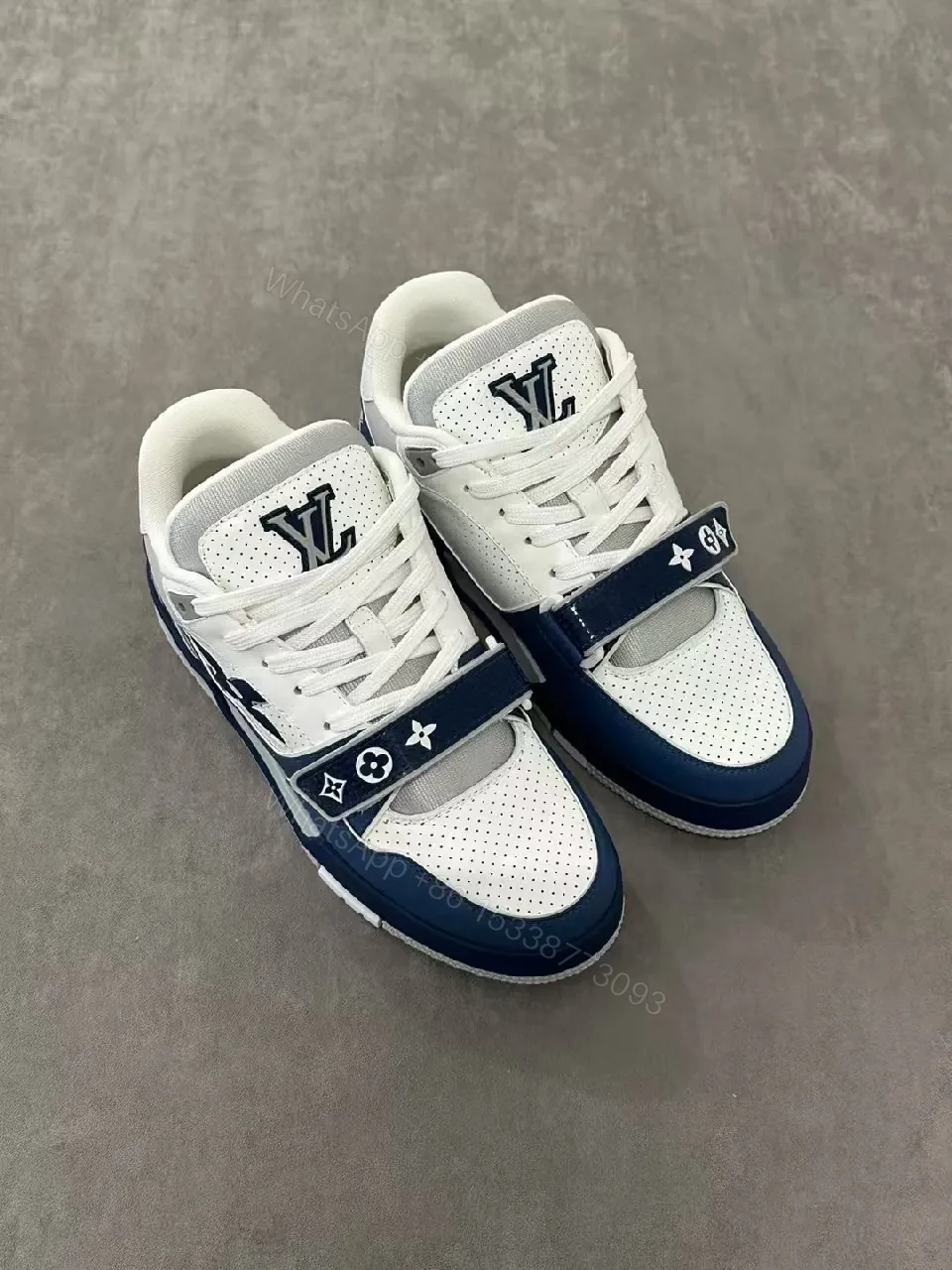 White & Navy Perforated Leather Lace Sneakers - All-Day Comfort — view 1