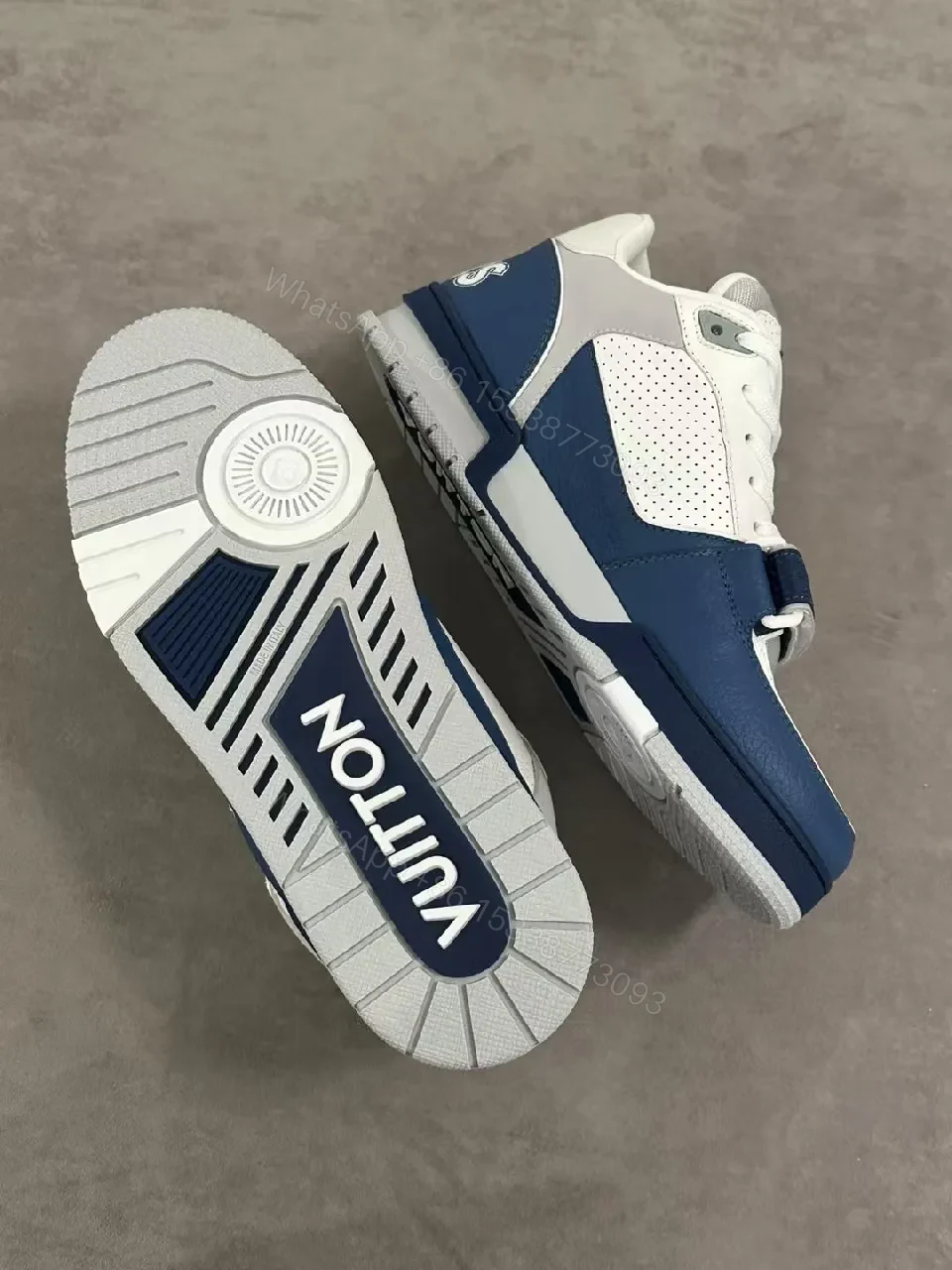 View 9 of White & Navy Perforated Leather Lace Sneakers - All-Day Comfort