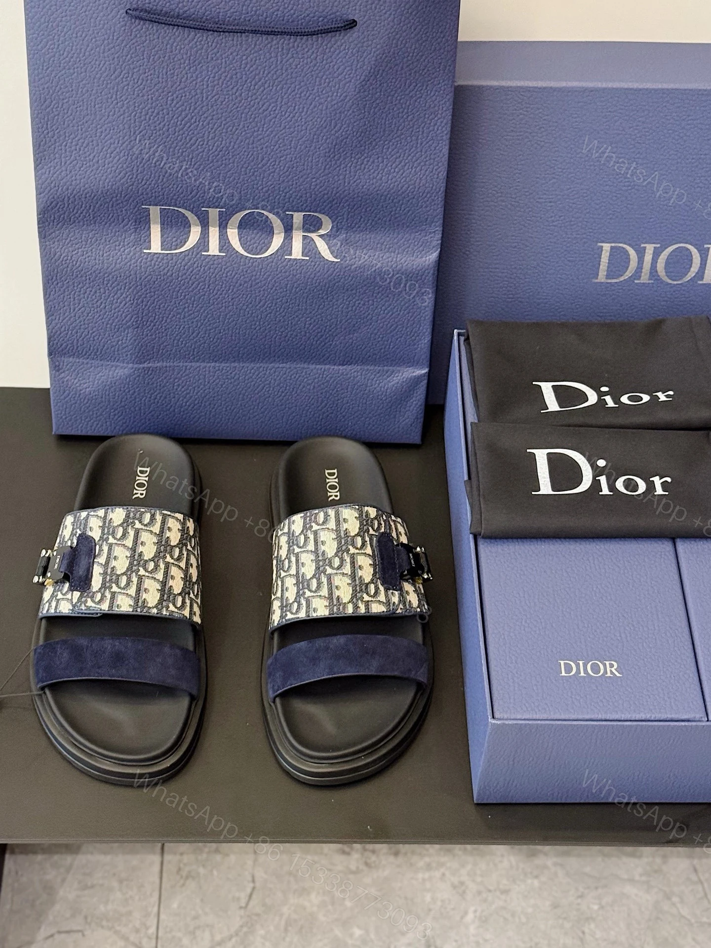 DiorA貨男士深藍拼老花雙帶拖鞋高端休閒款 — view 1