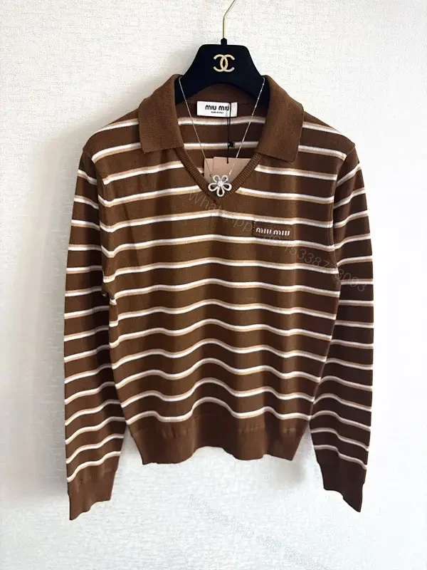 Rich Brown Striped Knit Polo: All-Day Comfort — view 1