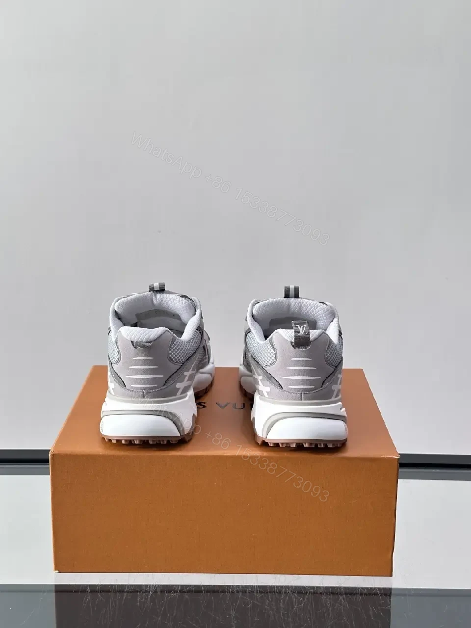 View 7 of Gray Mesh Leather Chunky Sneaker LV-inspired X Logo Shoes