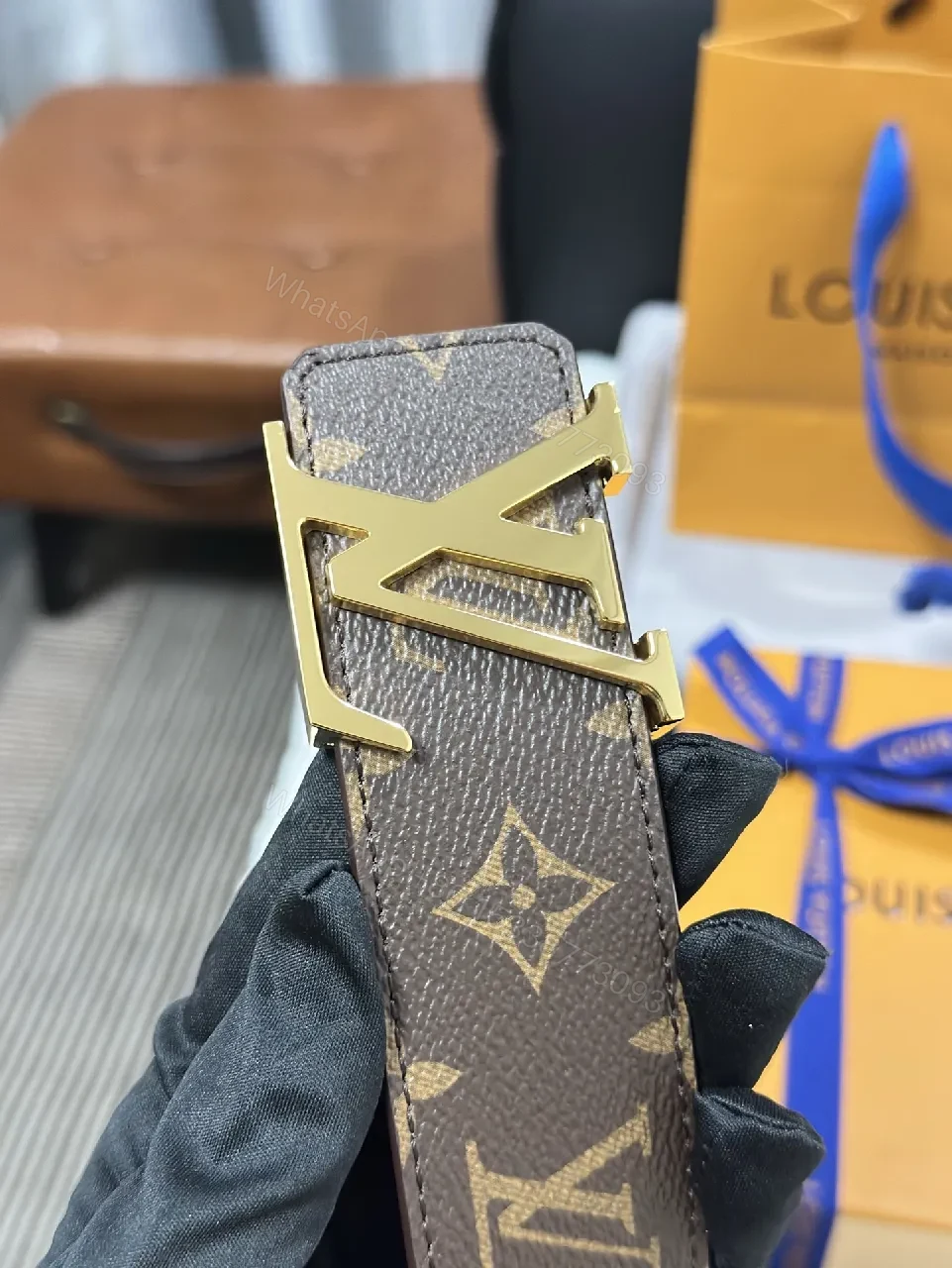 View 7 of Monogram Belt with Gold Buckle - Premium Leather Style, Statement Belt