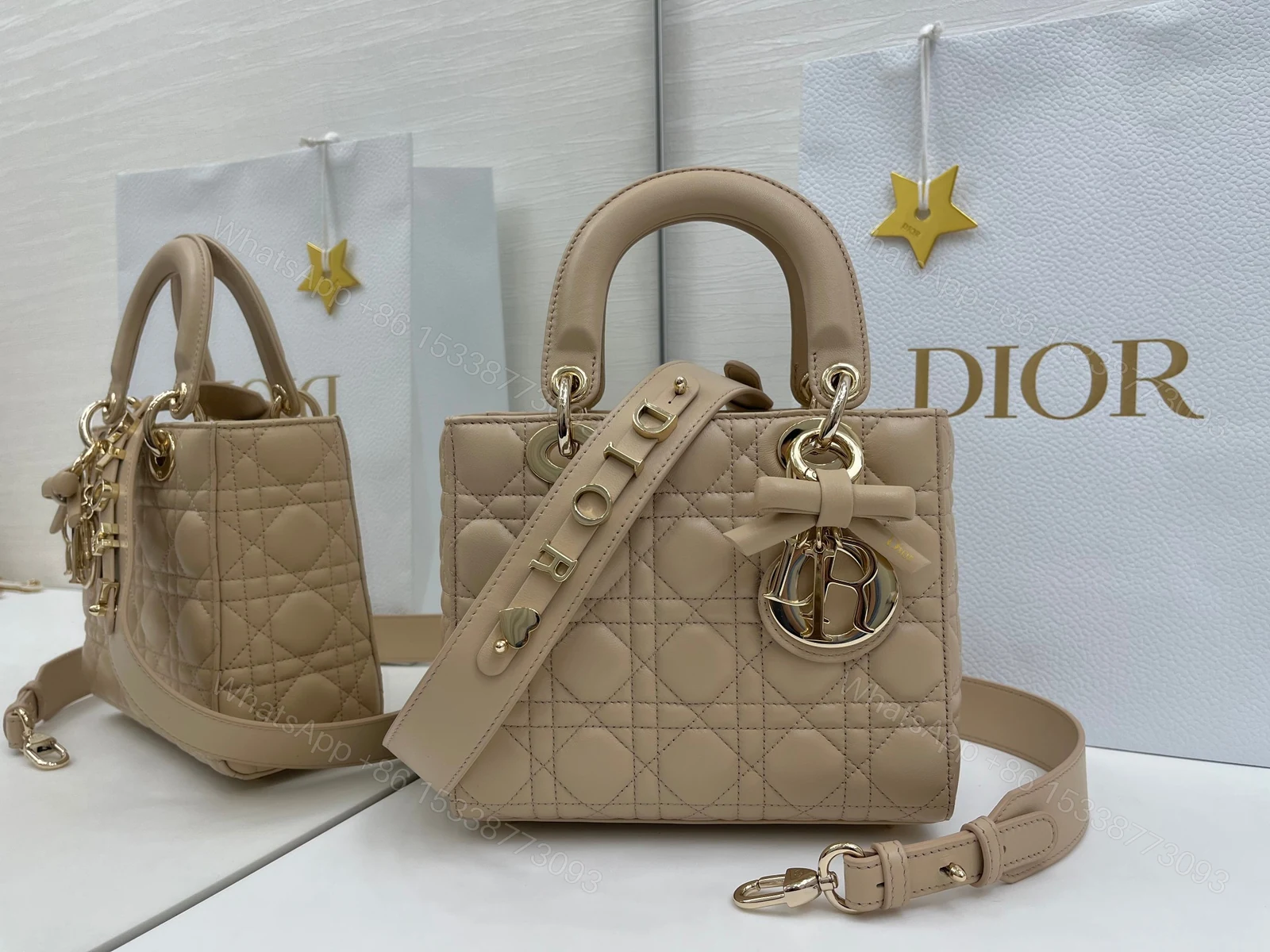 高仿Dior Lady Dior奶茶色藤格紋戴妃包女士手提斜挎包 — view 1