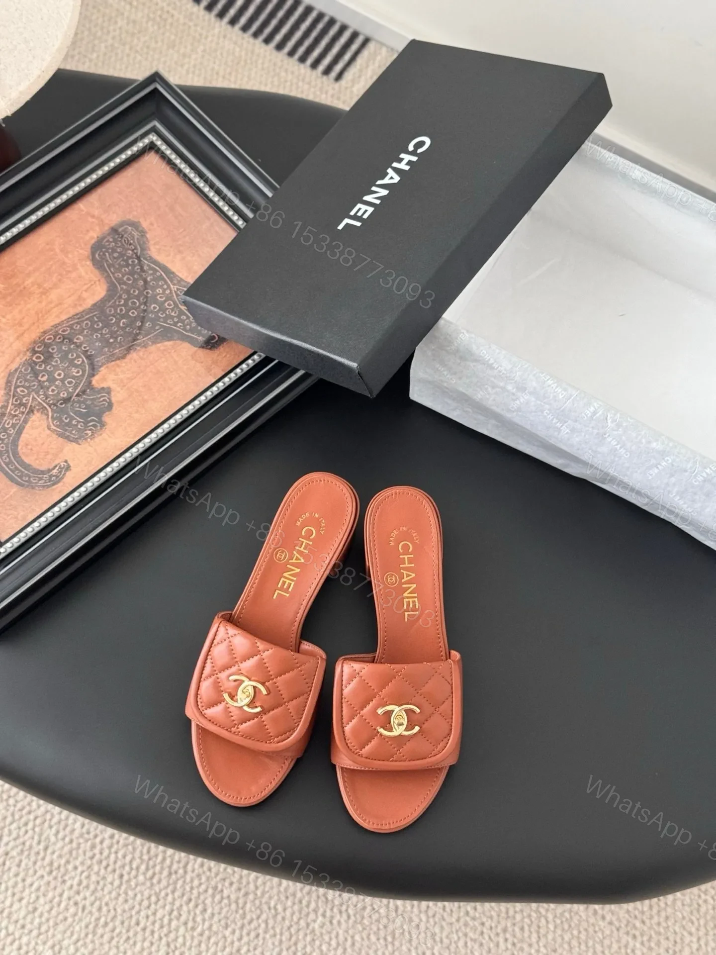 Chanel Women Brown Quilted Leather Slides — view 1