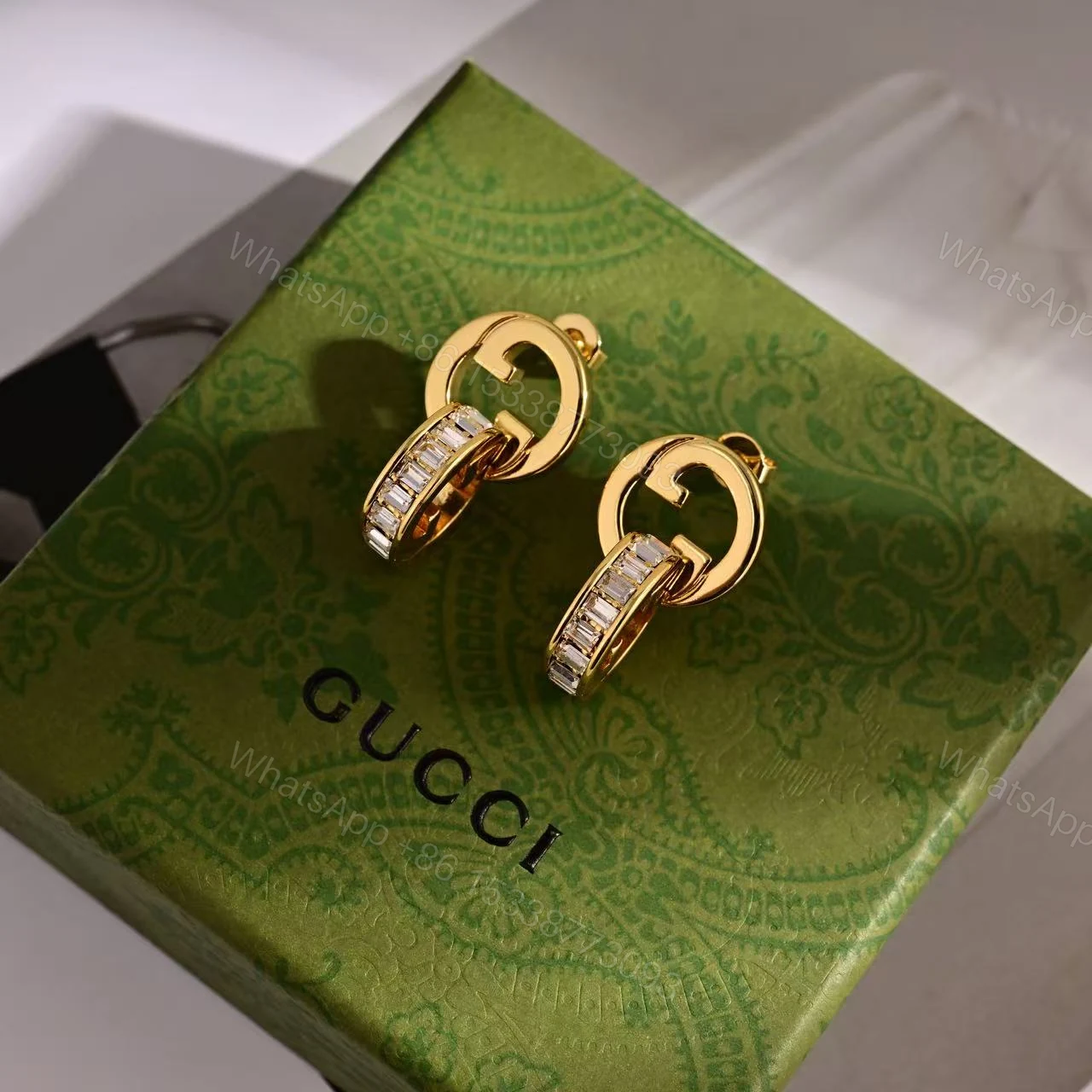 GUCCI 高仿 雙G圓環耳環 金色鑲鑽氣質款 — view 1
