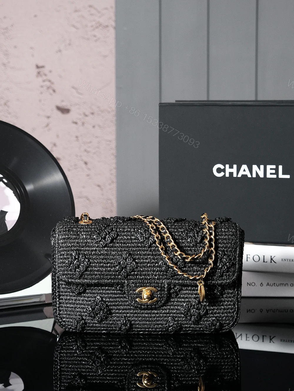 CHANEL 黑色A貨編織鏈條包 手工立體花紋口蓋包 — view 1