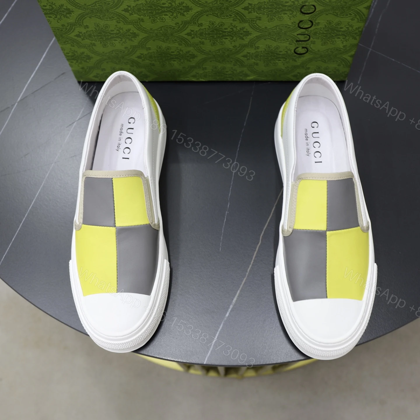 Gucci一比一男鞋 拼接撞色懶人鞋 黃灰格紋休閒款 — view 1