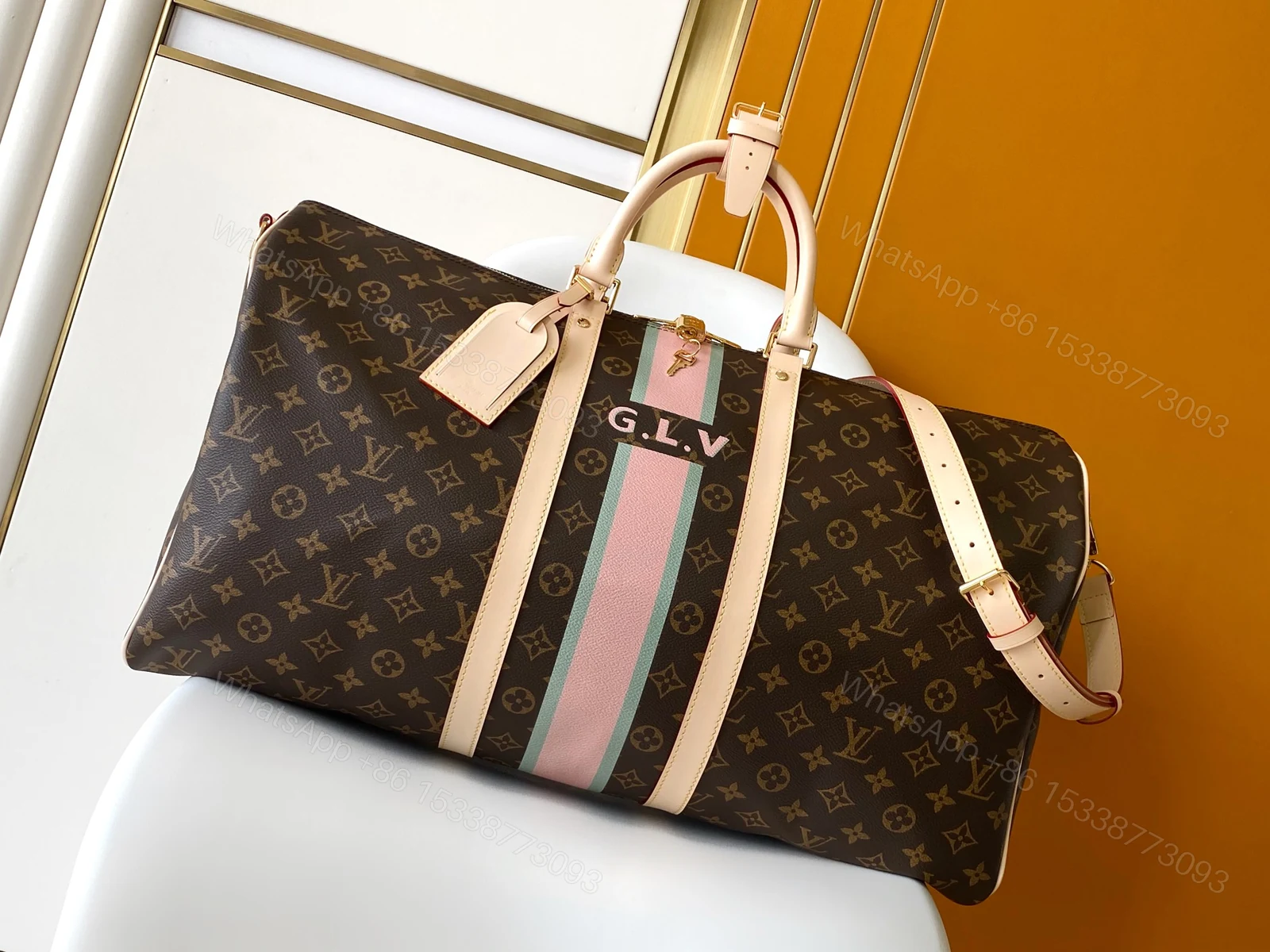 LV 高仿Keepall 50旅行袋 P01943粉綠條紋限量復古款 — view 1