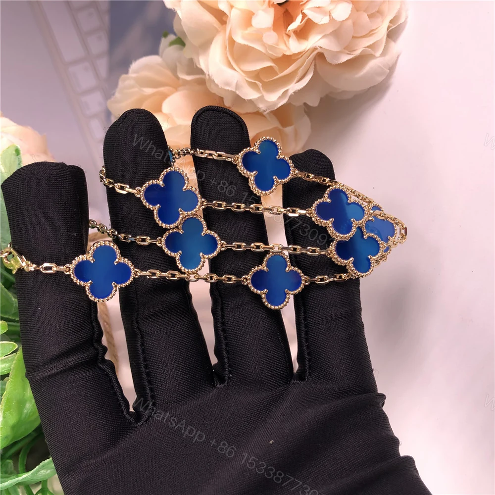 View 5 of Van Cleef & Arpels 18K Yellow Gold Alhambra Necklace Blue Agate 10 Motifs VCARP34800