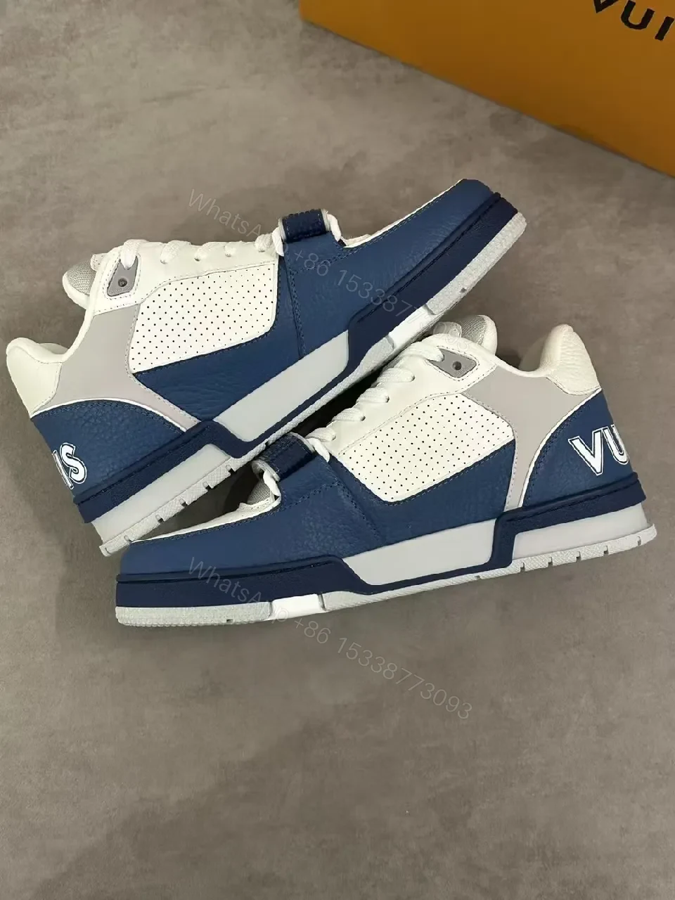 View 5 of White & Navy Perforated Leather Lace Sneakers - All-Day Comfort