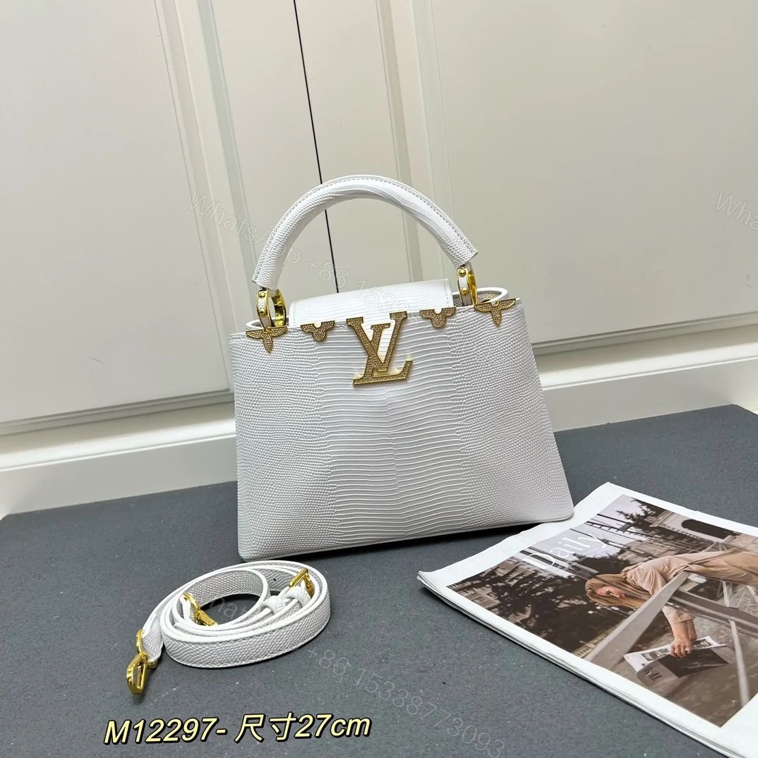 LV 高仿 M12297 白色壓紋手提包 金扣細節27cm氣質優雅款 — view 1