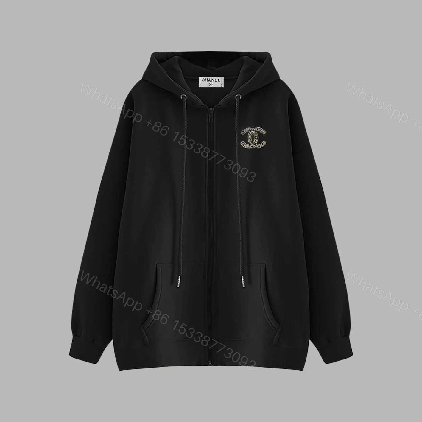 CHANEL高仿連帽外套 女士黑色水鑽LOGO拉鍊衛衣2025秋冬新款 — view 1