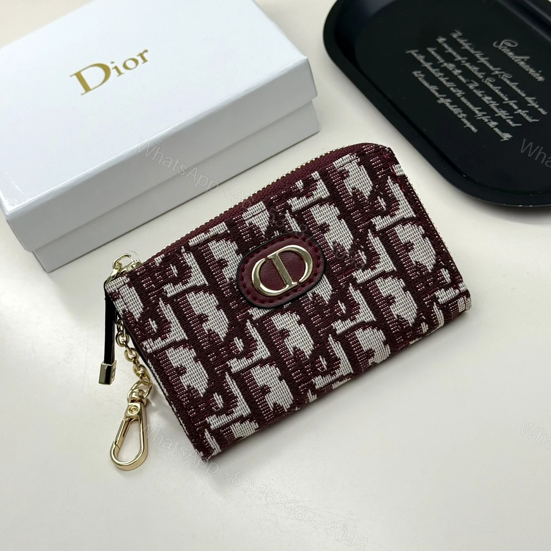 Dior高仿卡夾 女士Oblique酒紅拉鍊款 金屬CD標鑰匙掛鉤設計 — view 1