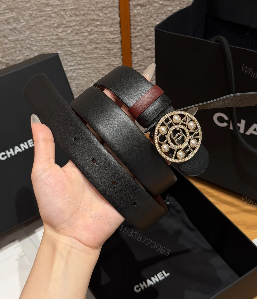 Chanel 一比一 女款珍珠雙C圓扣皮帶 黑色百搭腰帶 經典精品款 — view 1