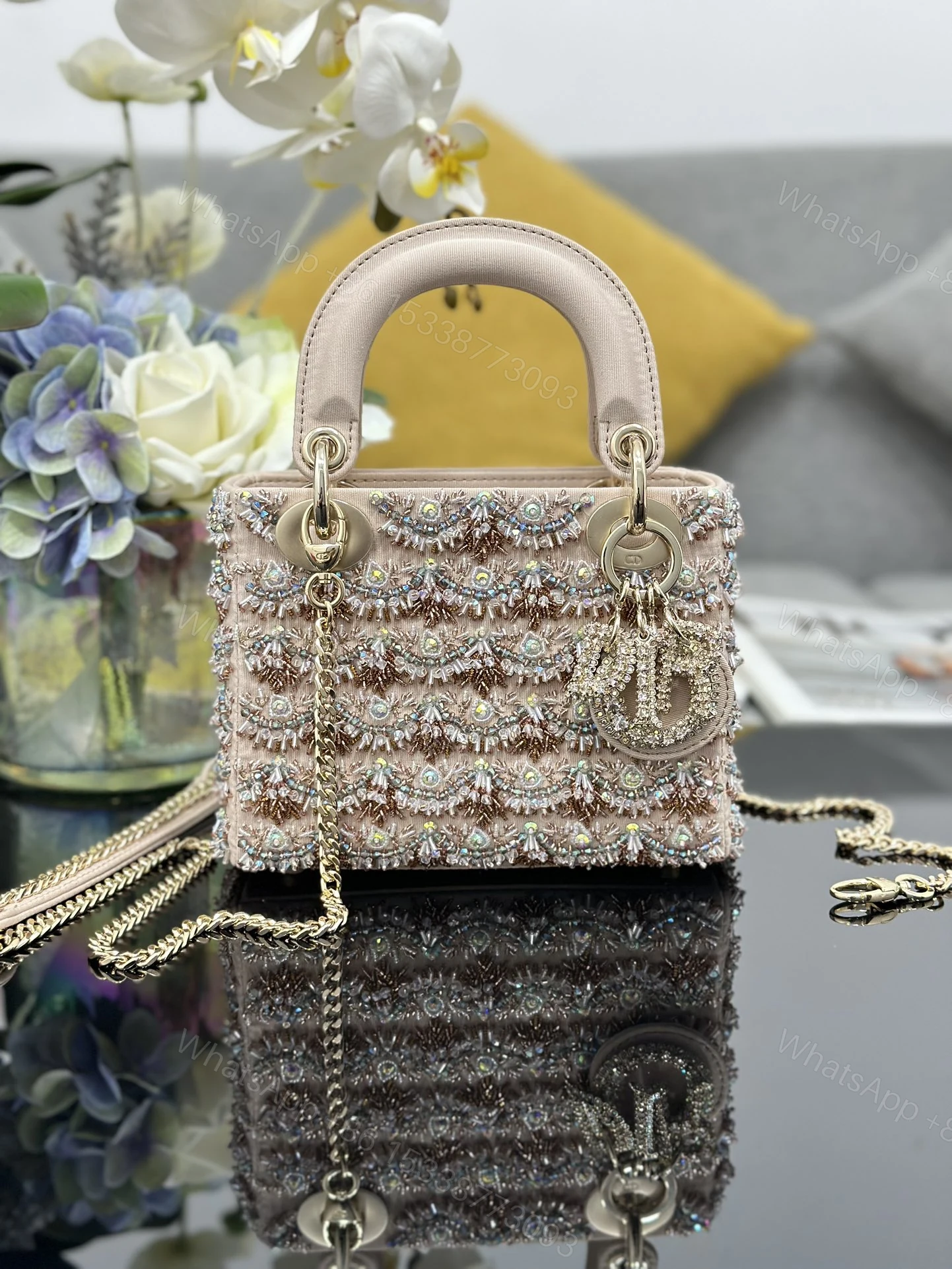 高仿Dior Lady Dior粉裸色珠飾鏈條包 精品斜背女包 — view 1