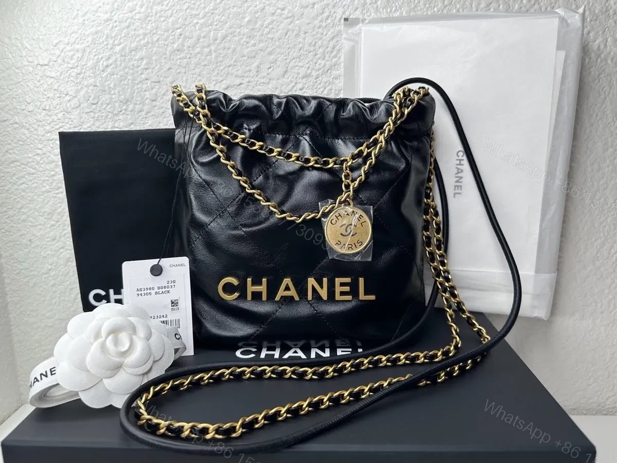 Chanel 22 Mini Hobo Handbag in Black Shiny Calfskin with Pearls — view 1