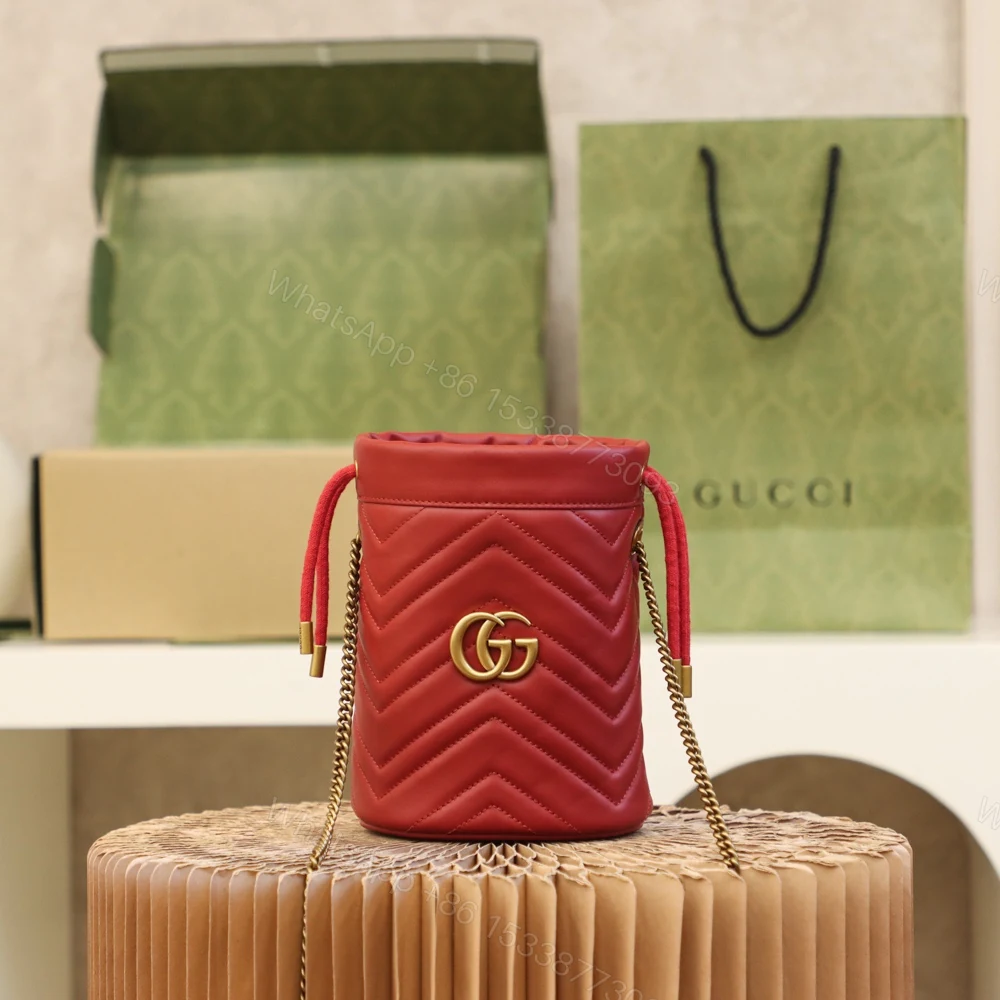 Gucci A貨GG Marmont紅色水桶包 抽繩設計 女用俏麗亮眼款 — view 1