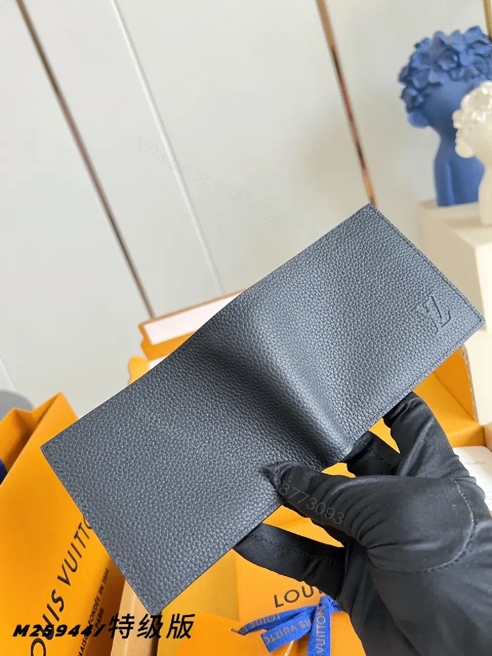 View 5 of Bright Louis Vuitton Orange Boxed Wallet Set with Navy Pebbled Wallet