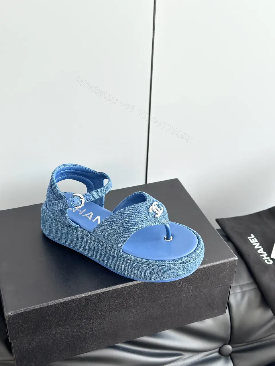 View 9 of Blue Denim Mule Sandals – Premium Chic, Logo Detail, Open-Toe