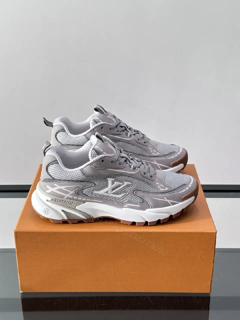 View 10 of Gray Mesh Leather Chunky Sneaker LV-inspired X Logo Shoes